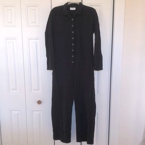 Anthropologie black corduroy wide leg jumpsuit with button front